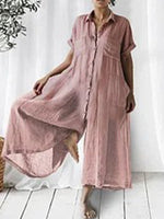 Casual Solid Linen Loose Lapel Jumpsuit