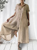 Casual Solid Linen Loose Lapel Jumpsuit