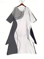 Casual Color Block Button Layered 3/4 Sleeves Crew Neck Maxi Dress