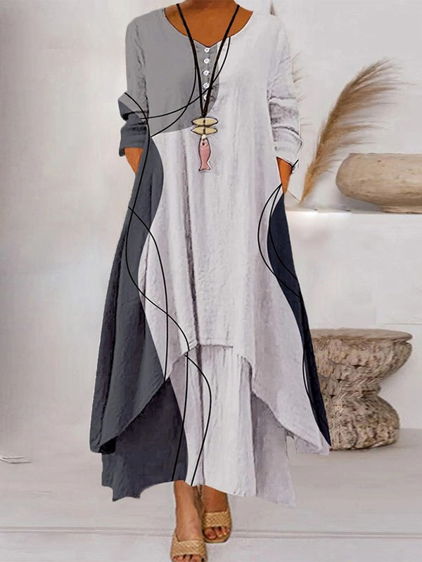 Casual Color Block Button Layered 3/4 Sleeves Crew Neck Maxi Dress