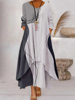 Casual Color Block Button Layered 3/4 Sleeves Crew Neck Maxi Dress
