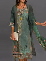 Floral Print Crew Neck 3/4 Sleeves Regular Fit Two Piece Dress