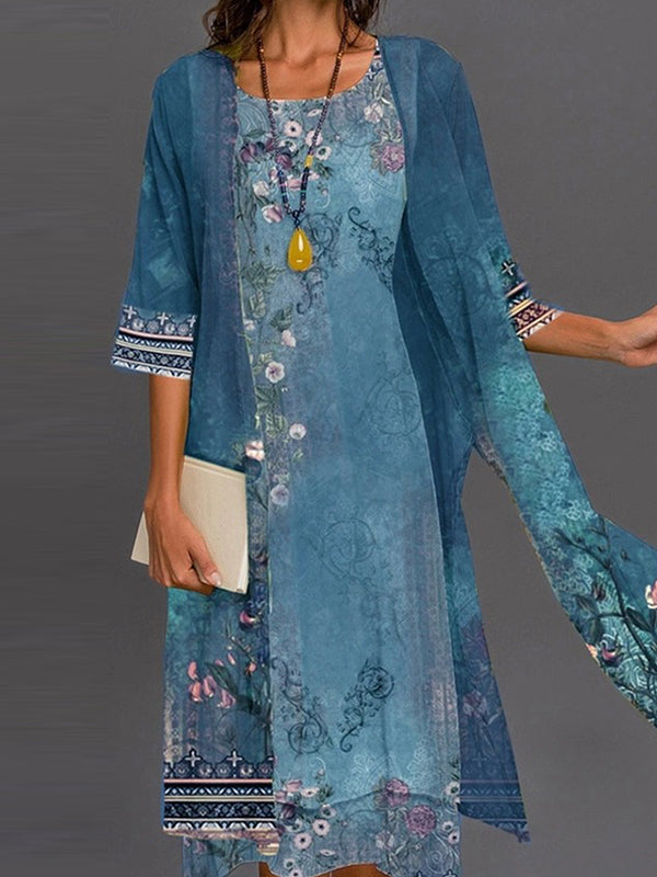 Floral Print Crew Neck 3/4 Sleeves Regular Fit Two Piece Dress