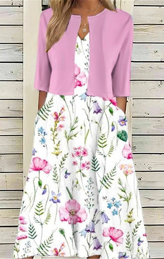 Robe deux pièces décontractée et élégante à imprimé floral, poches, manches courtes et col en V