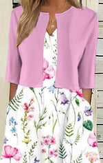 Robe deux pièces décontractée et élégante à imprimé floral, poches, manches courtes et col en V