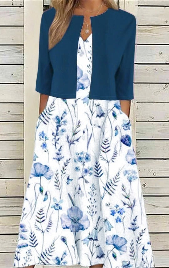 Robe deux pièces décontractée et élégante à imprimé floral, poches, manches courtes et col en V