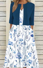 Robe deux pièces décontractée et élégante à imprimé floral, poches, manches courtes et col en V