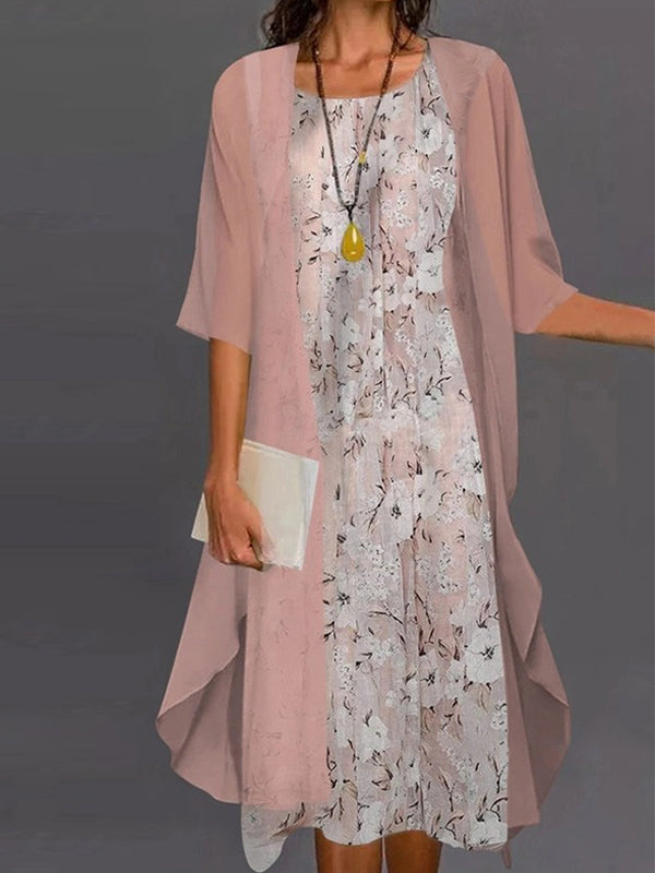 Casual Floral Print Half Sleeve Crew Neck Two Piece Dress