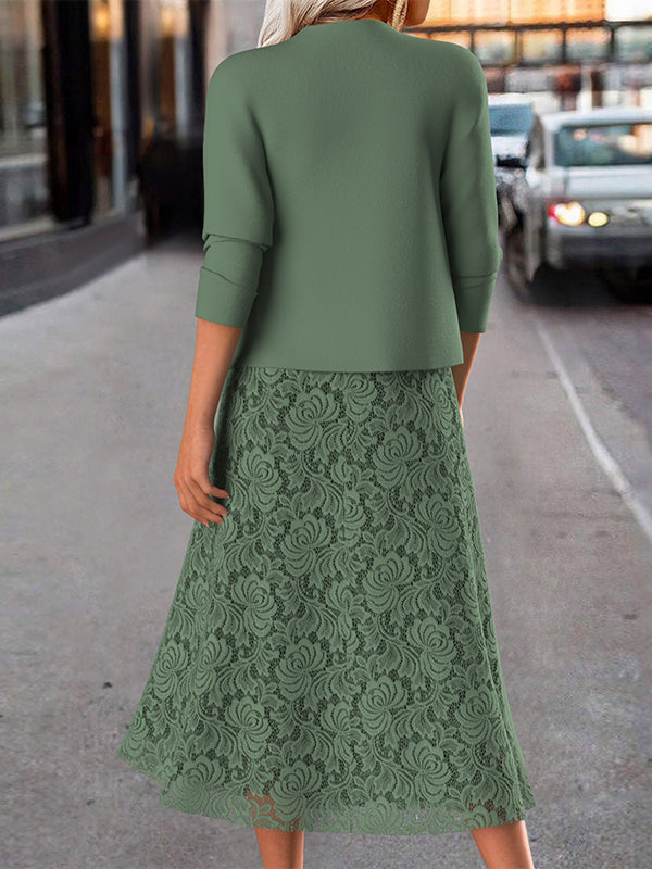 Casual Solid Crew Neck Long Sleeve Comfy Two-Piece Dress