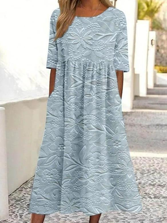3D Floral Print Crew Neck Half Sleeve Comfy Vintage Maxi Dress