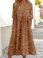 3D Floral Print Crew Neck Half Sleeve Comfy Vintage Maxi Dress