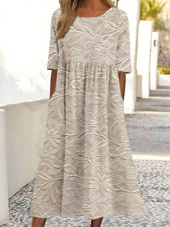 3D Floral Print Crew Neck Half Sleeve Comfy Vintage Maxi Dress