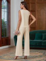 Elegant Loose V Neck Chiffon Matching Outfit Mother The Bride 3 PCS Pantsuits