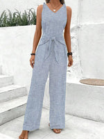 Striped V Neck Sleeveless Casual Summer Cotton Jumpsuit