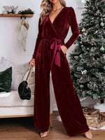 Plain V Neck Long Sleeve Casual Spring/Fall Velvet Jumpsuit