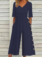 Plain V Neck Short Sleeve Vacation Summer Cotton Jumpsuit