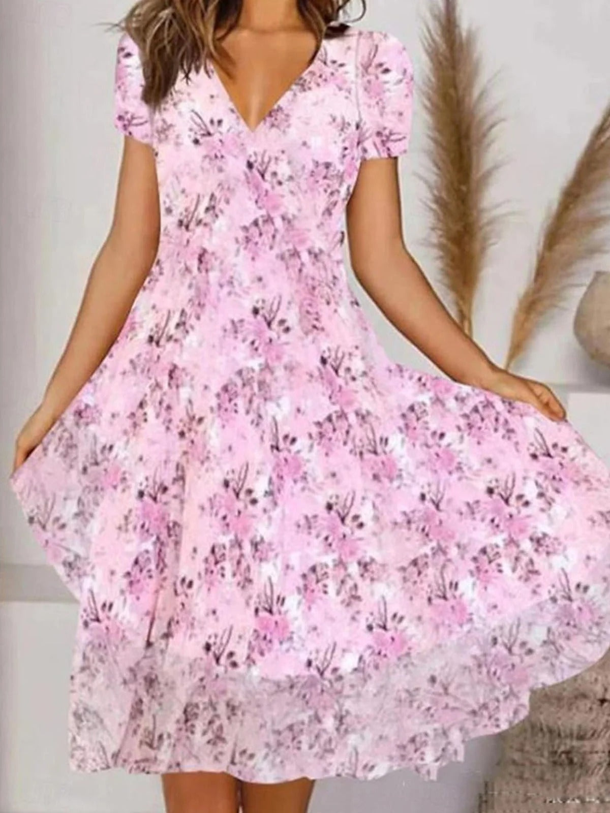 Floral V Neck Short Sleeve Comfy Casual Midi Dress