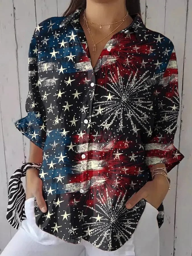 Patriotic Fireworks Print V-neck 3/4 Sleeve Shirt