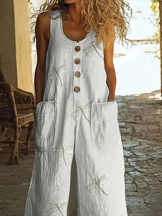 Dragonfly Print Crew Neck Sleeveless Button-Embellished Pockets Casual Jumpsuit