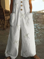 Dragonfly Print Crew Neck Sleeveless Button-Embellished Pockets Casual Jumpsuit