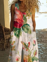 Floral Crew Neck Sleeveless Pockets Casual Loose Jumpsuit