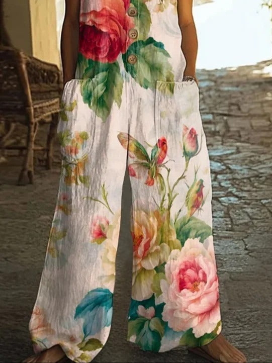 Floral Crew Neck Sleeveless Pockets Casual Loose Jumpsuit
