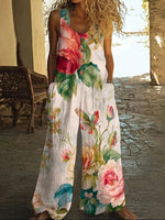 Floral Crew Neck Sleeveless Pockets Casual Loose Jumpsuit