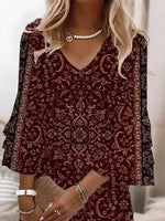 Ethnic Floral V Neck Half Sleeve H-Line Comfy Mini Dress