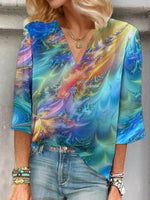 Abstract Gradient V-neck Three Quarter Sleeve Loose Blouse