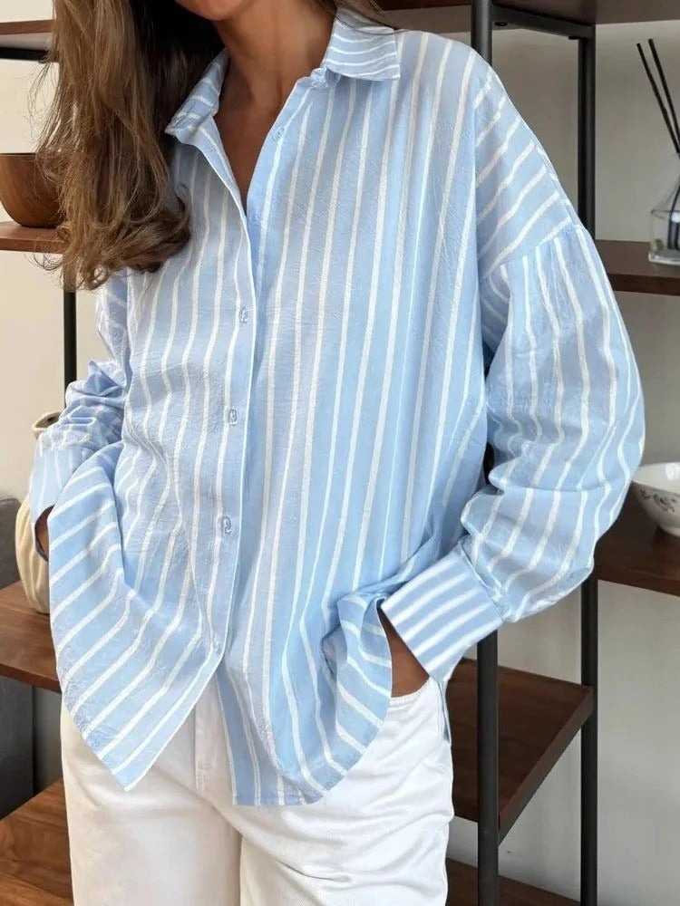 Stripe Shirt Collar Long Sleeve Semi Formal Shirt