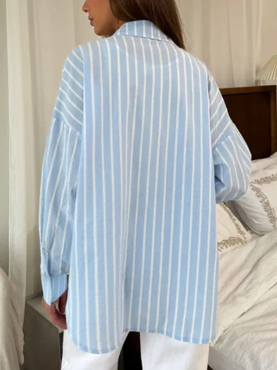 Stripe Shirt Collar Long Sleeve Semi Formal Shirt