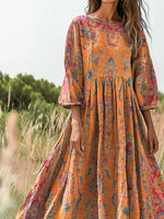 Retro Ethnic Totem Print Crew Neck Half Sleeve Flowy Maxi Dress