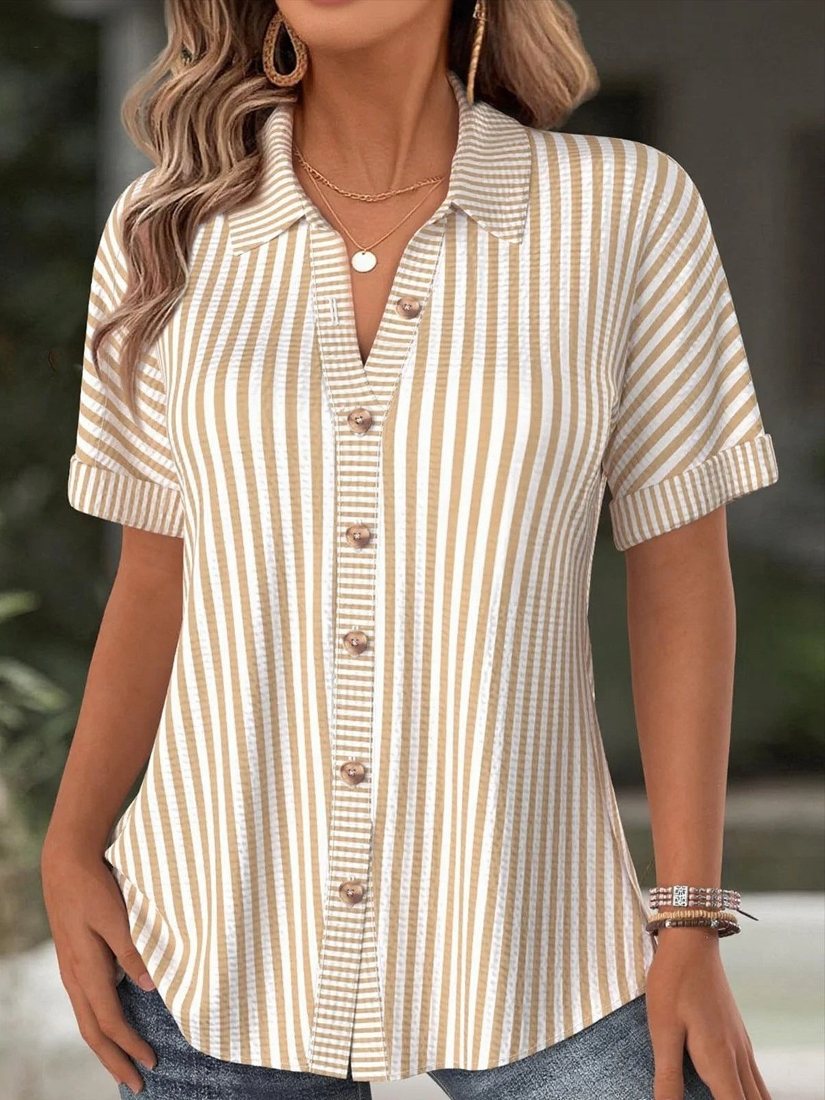 Khaki Stripe Shawl Collar Short Sleeve Buttons Comfy Shirt