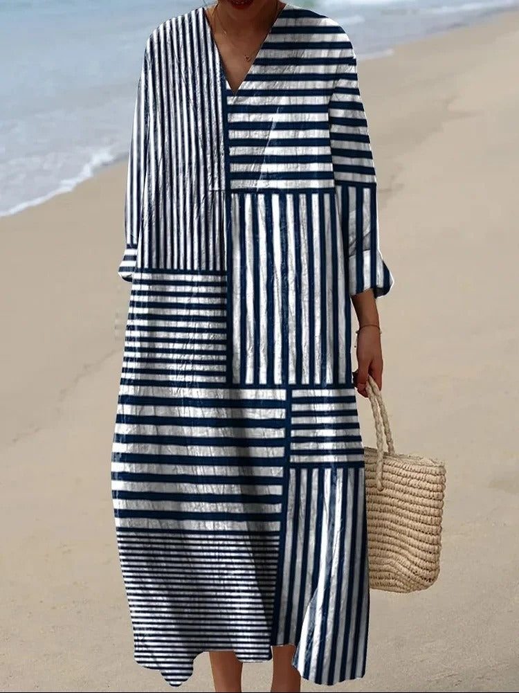 Asymmetric Stripe Print V-neck Long Sleeve Loose Maxi Dress