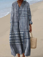 Asymmetric Stripe Print V-neck Long Sleeve Loose Maxi Dress
