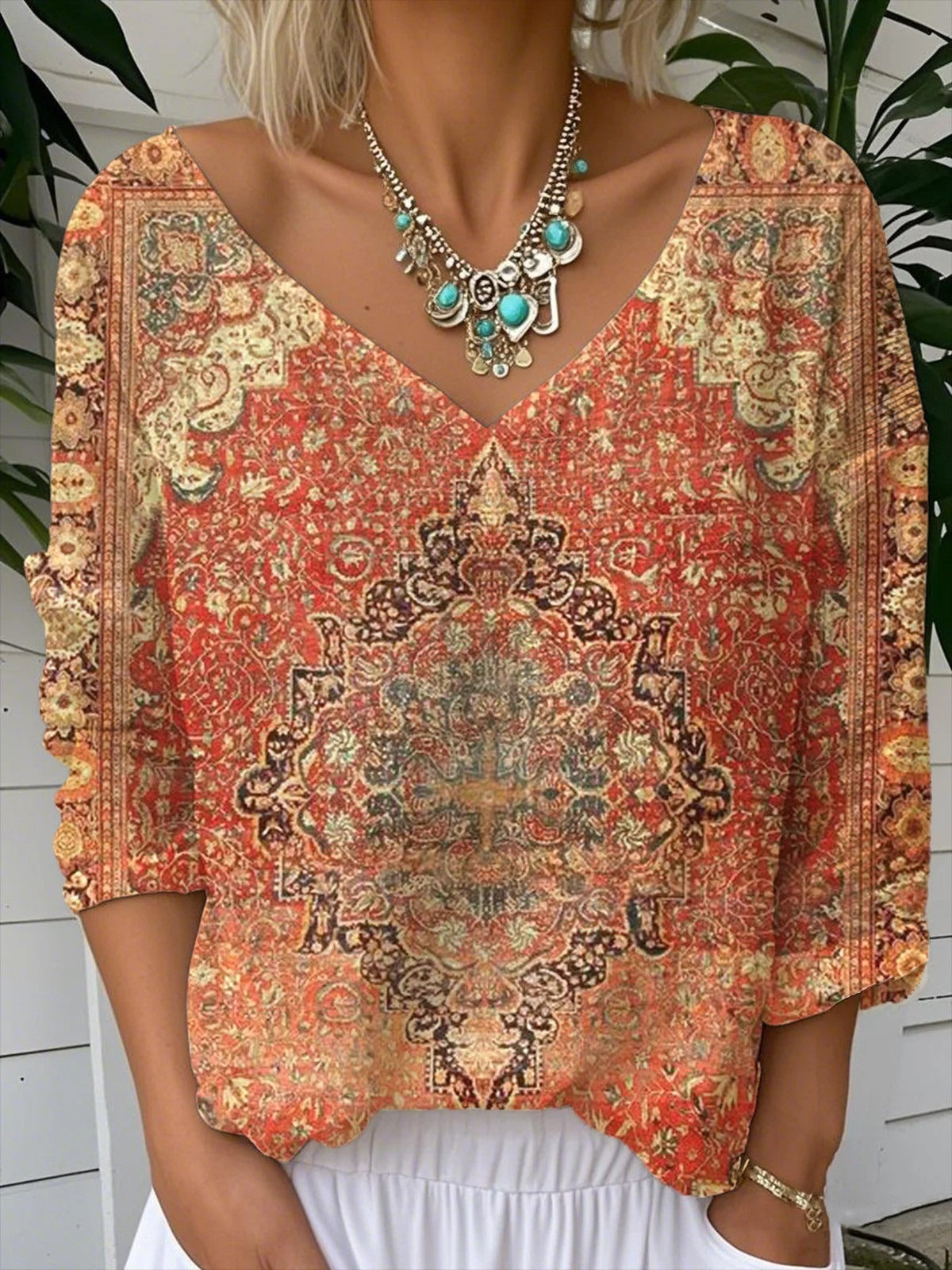 Ethnic Geometric Print V-neck Long Sleeve Loose T-Shirt