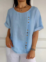 Plain Crew Neck Short Sleeve Button-Embellished Casual T-Shirt