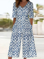 Geometric Print V Neck Half Sleeve H-Line Pockets Casual Jumpsuit