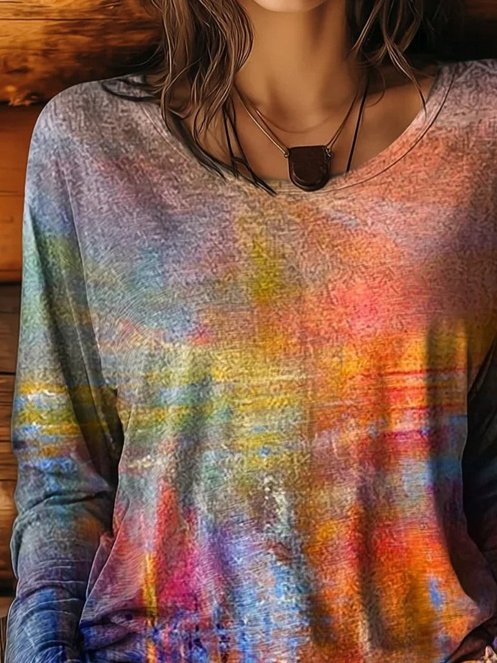 Abstract Tie-dye Crew Neck Long Sleeve Casual T-shirt