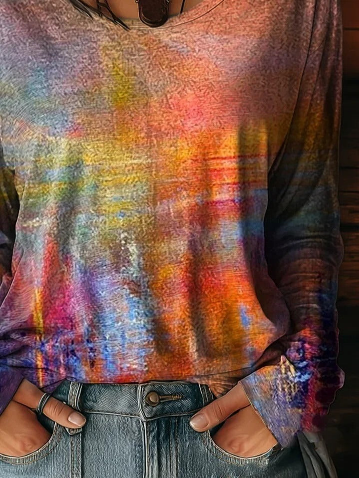 Abstract Tie-dye Crew Neck Long Sleeve Casual T-shirt