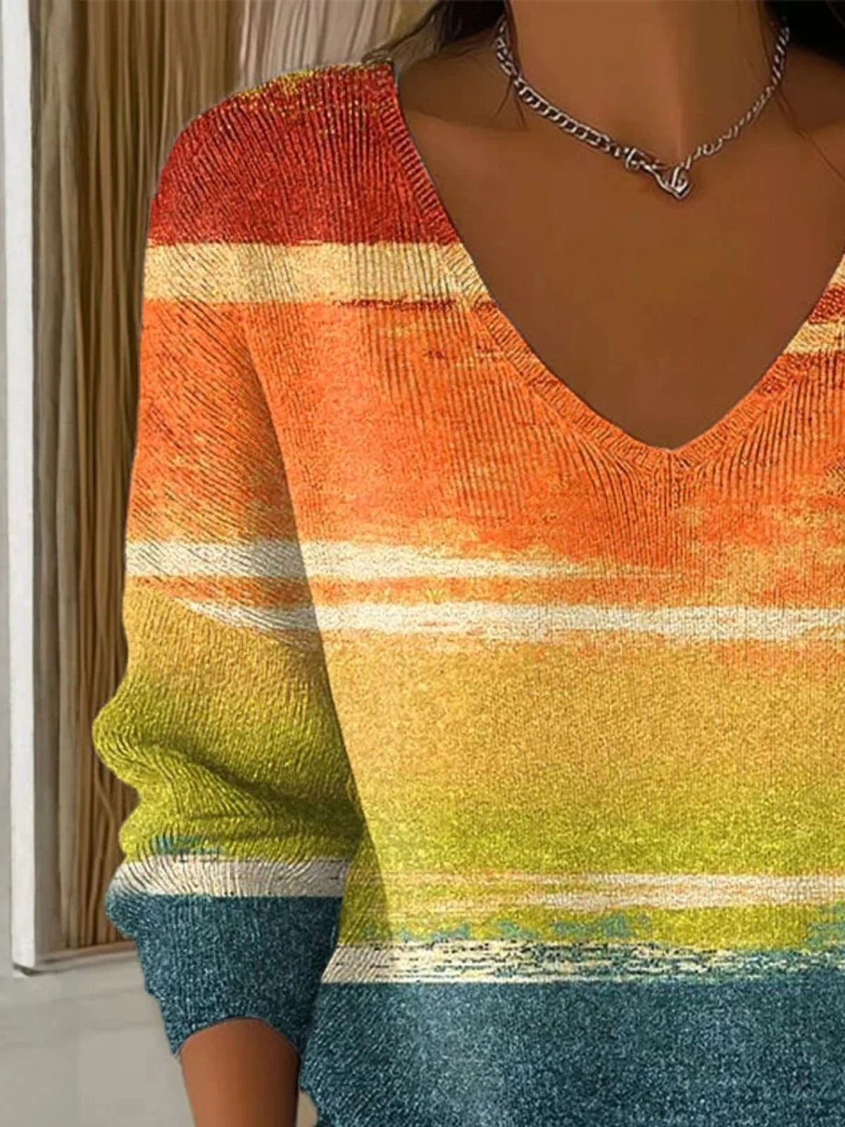 Stylish Ombre V-neck Long Sleeve Comfy Soft Sweater