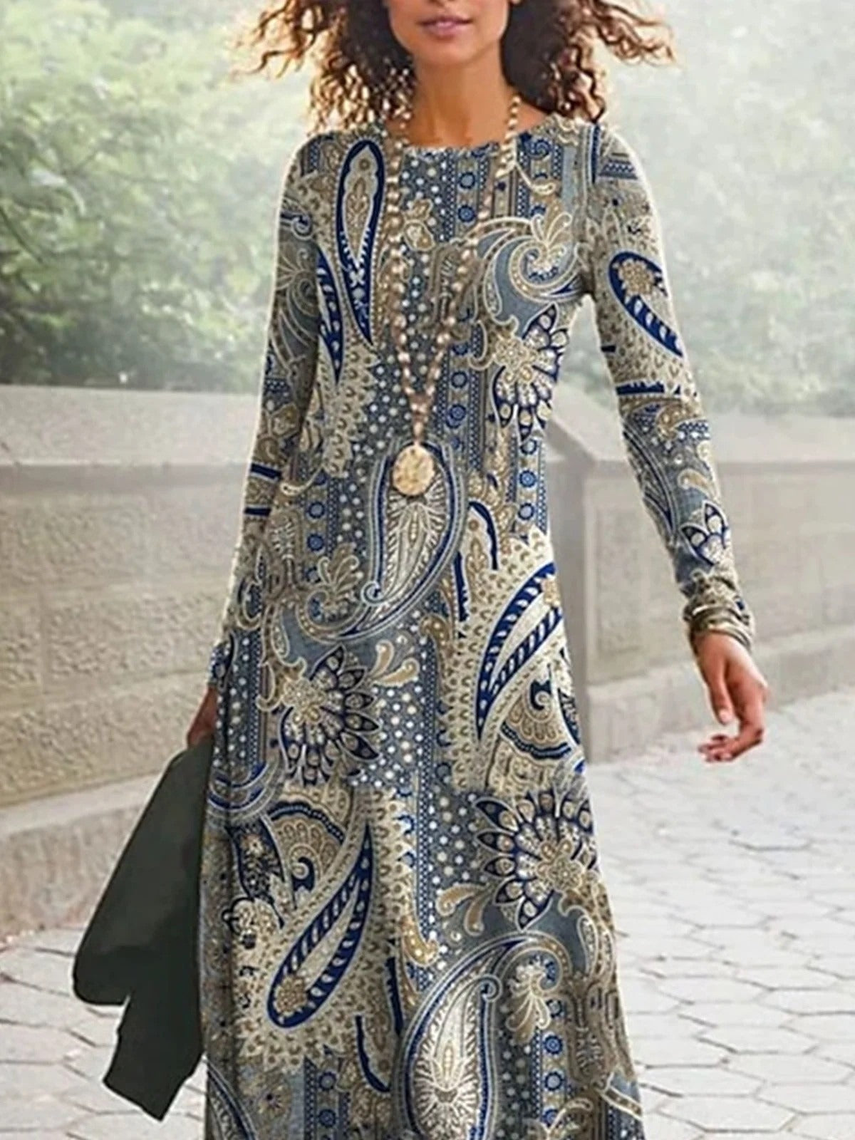 Paisley Crew Neck Long Sleeve A-Line Comfy Maxi Dress