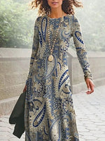 Paisley Crew Neck Long Sleeve A-Line Comfy Maxi Dress