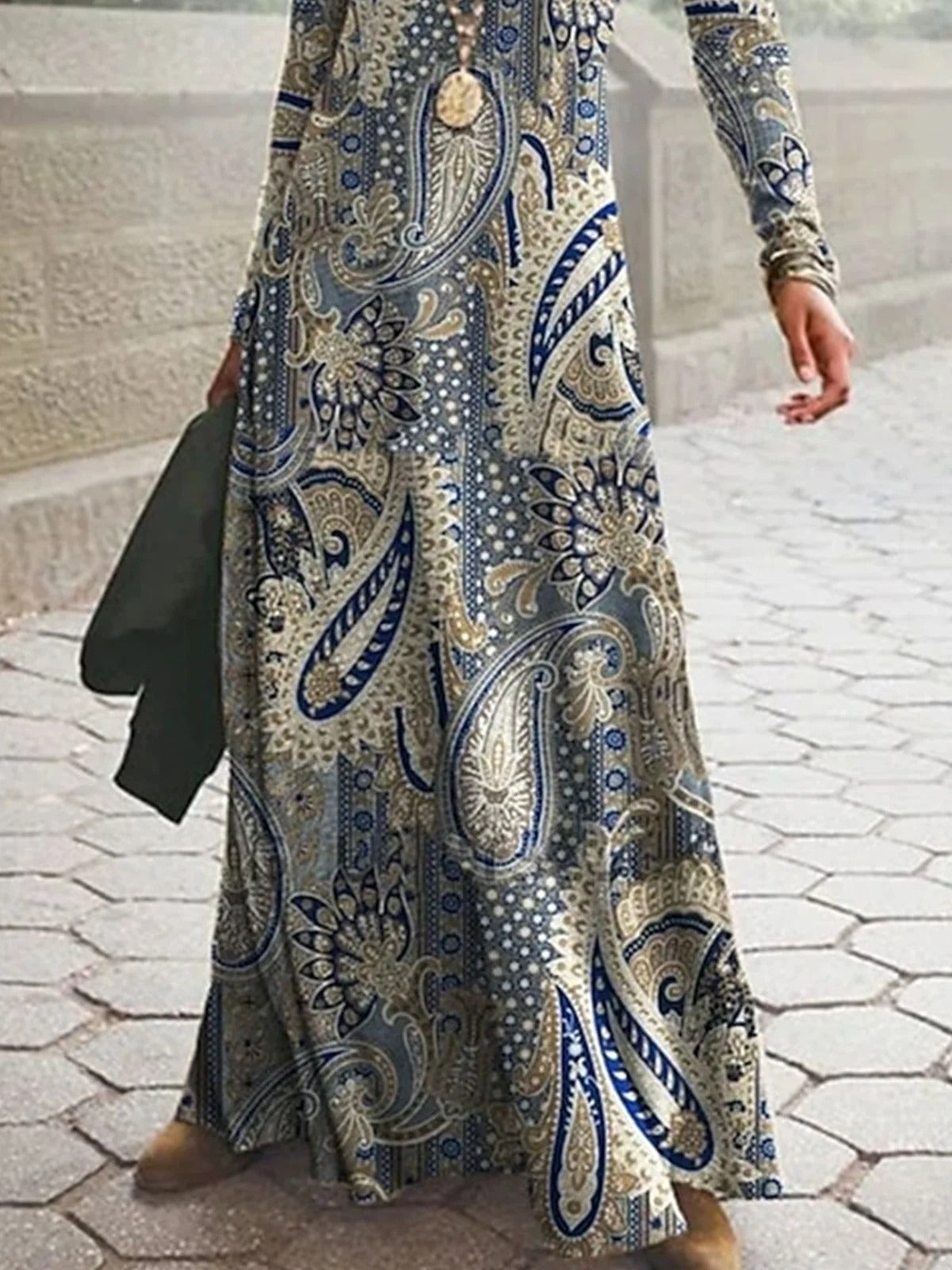 Paisley Crew Neck Long Sleeve A-Line Comfy Maxi Dress