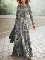 Paisley Crew Neck Long Sleeve A-Line Comfy Maxi Dress