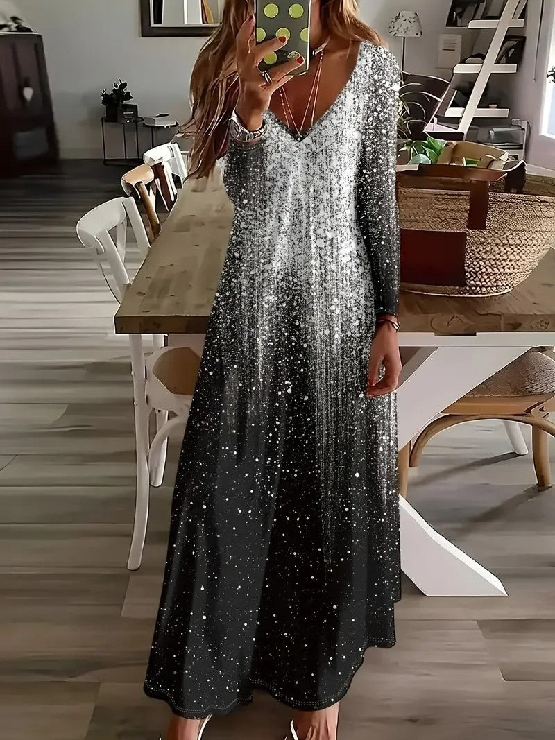 Abstract Print V-neck Long Sleeve Maxi Dress