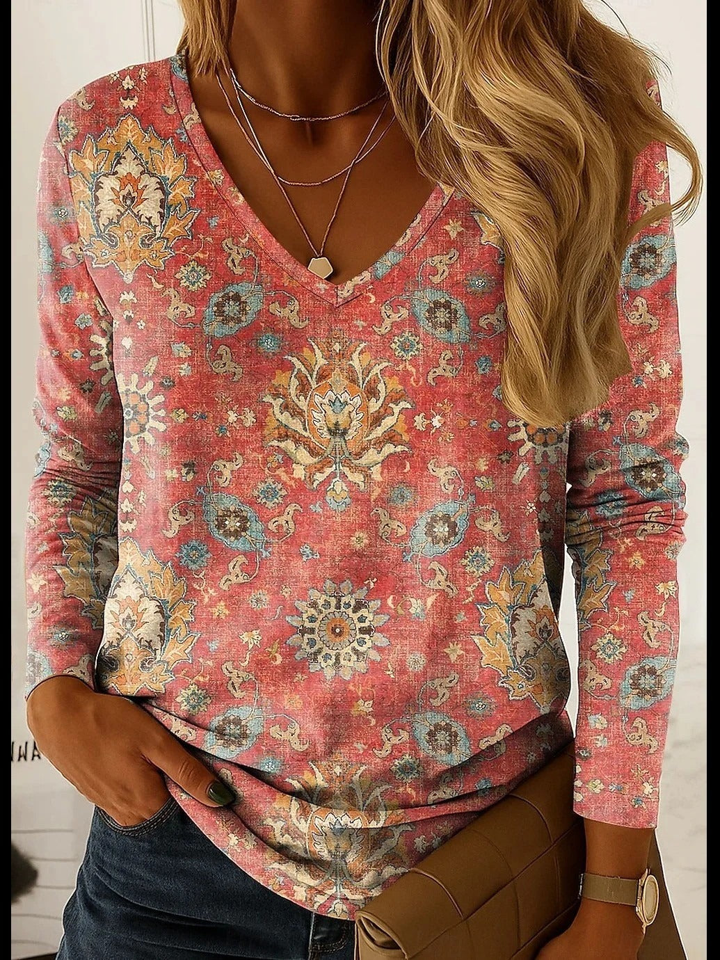 Abstract Elegant V-neck Long Sleeve Tops