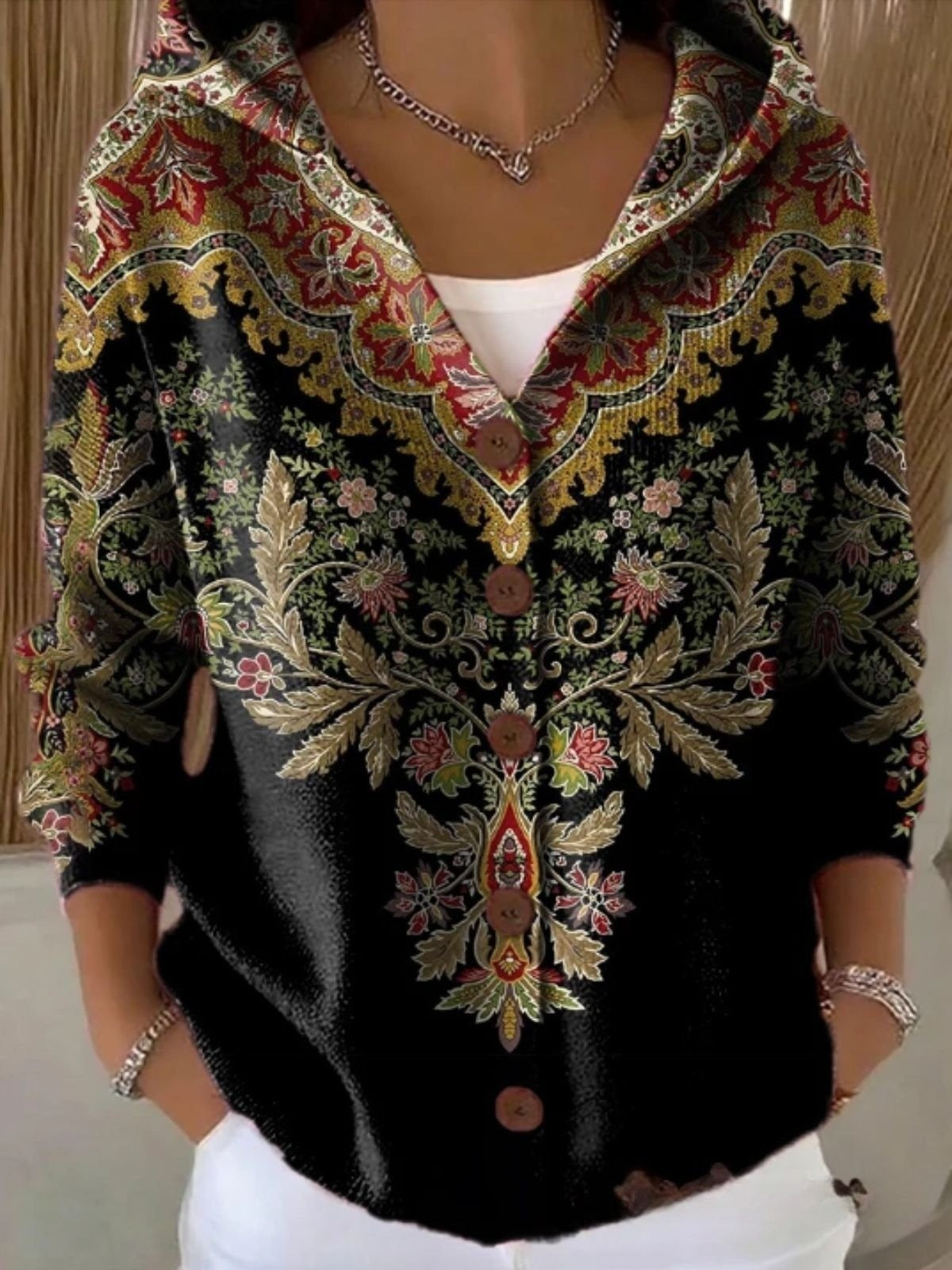 Ethnic Floral Hooded Long Sleeve Comfy Vintage Cardigan