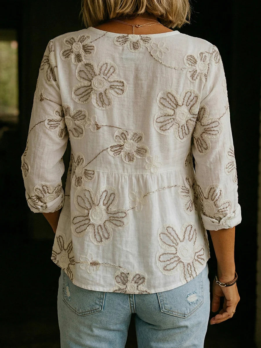 Elegant V-Neck Embroidered Cotton Casual Shirt