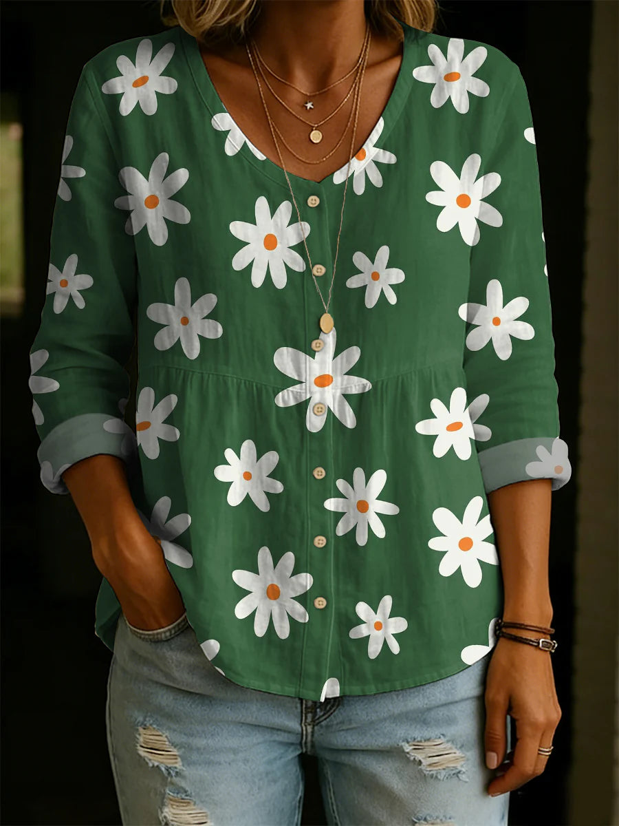 Fun Daisy Decorative Patterns V-Neck Casual Shirt